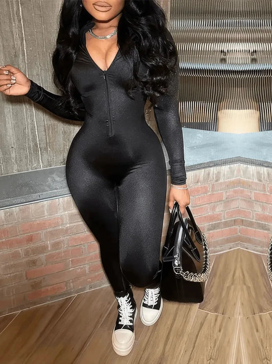 Zipper Design Skinny Jumpsuit Autumn Color V Neck Long Sleeve One Pieces Suit Sportswear Outfits for