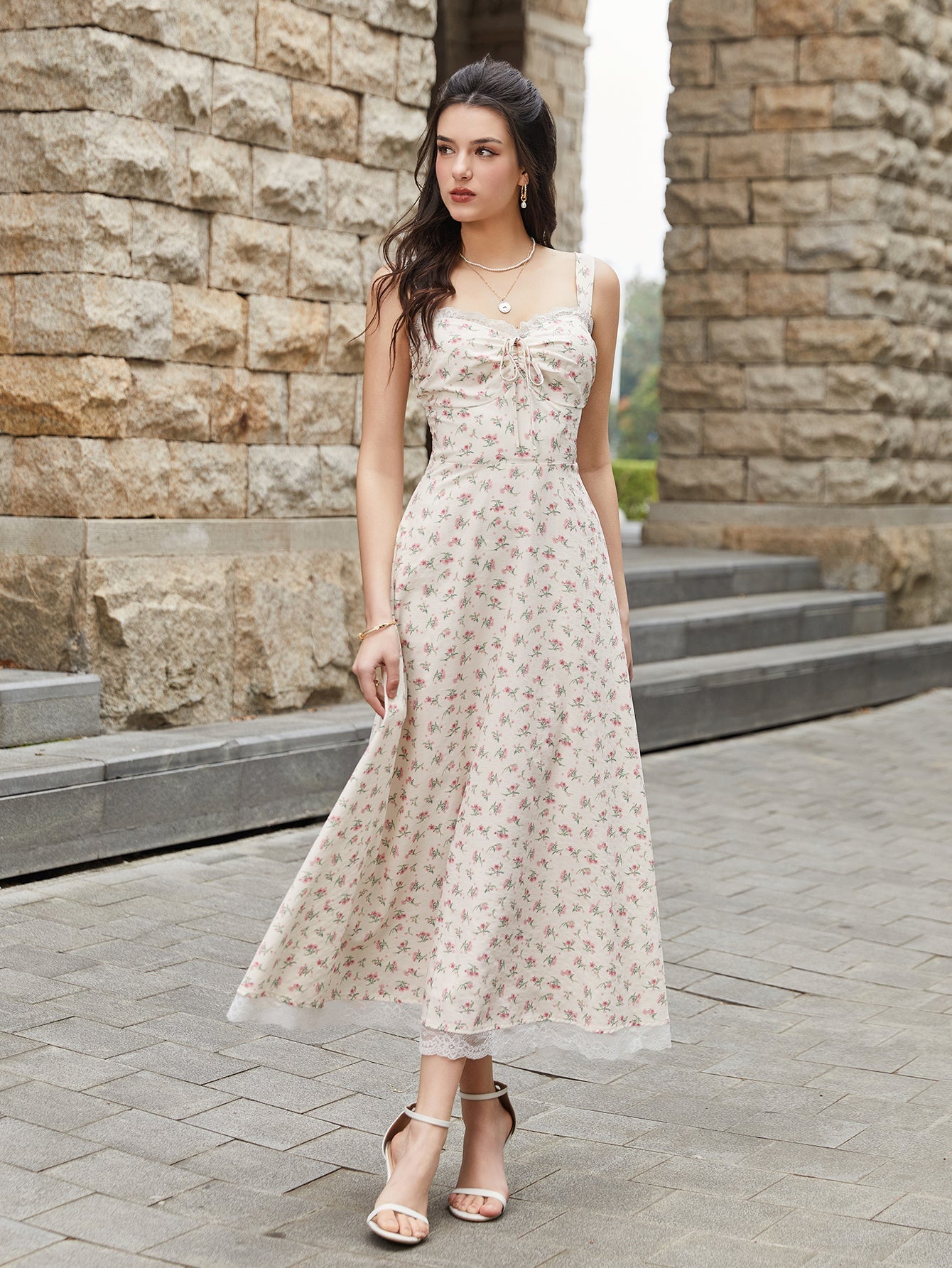 Lace Spliced Tie Front Print Maxi Dress