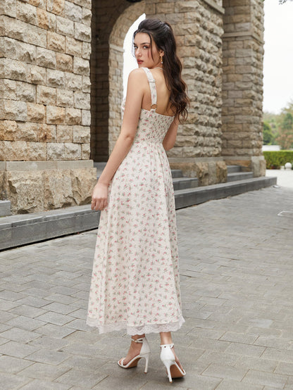Lace Spliced Tie Front Print Maxi Dress