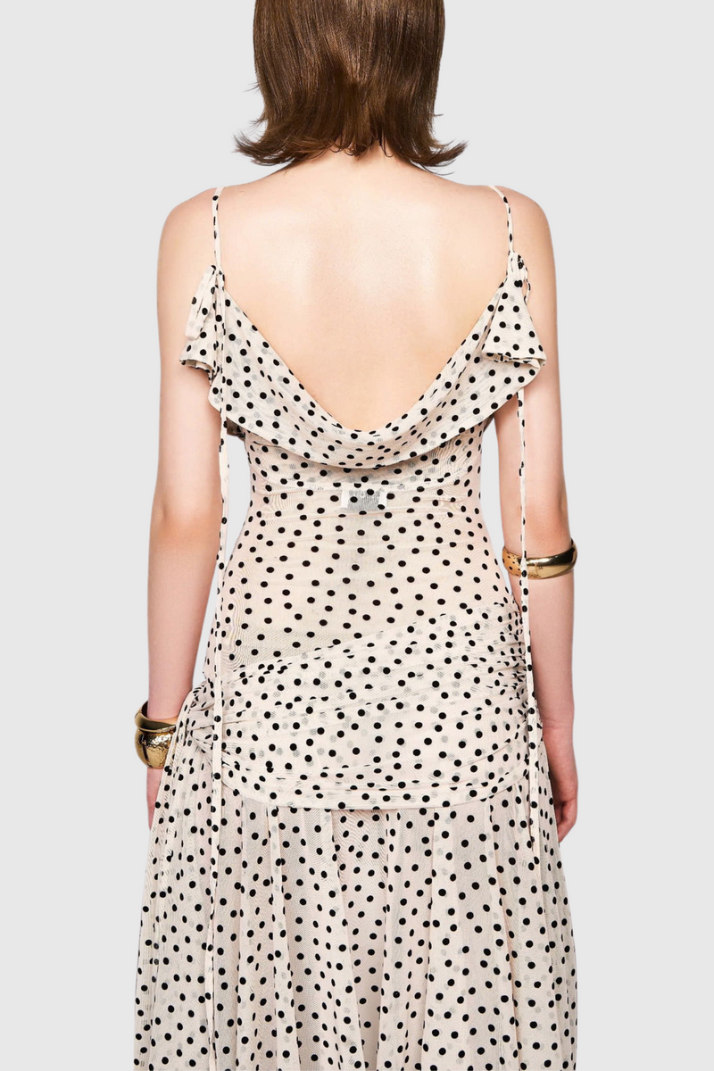 Lakena Asymmetrical Polka Dot Midi Dress