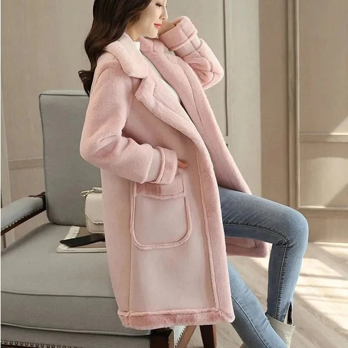 Lamb Wool Mid-length Winter Plus Loose Frosted Splicing Coat