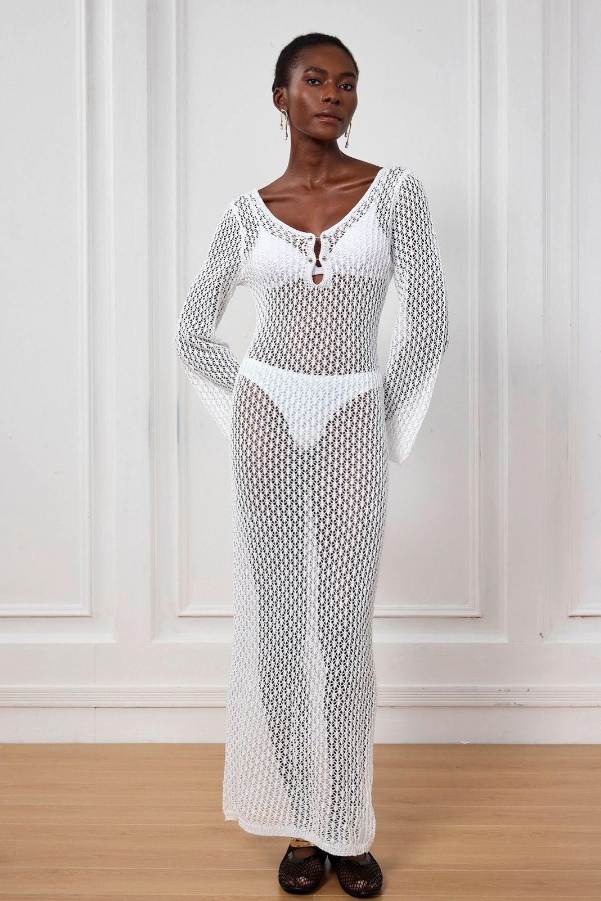Lana Knit Cutout Plunge Maxi Dress in White