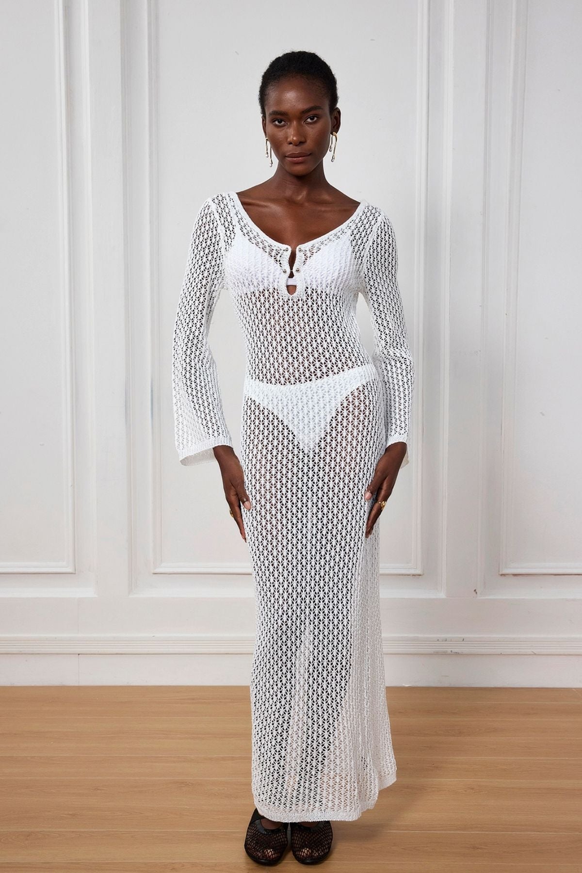 Lana Knit Cutout Plunge Maxi Dress in White
