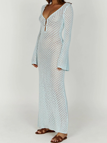 Lana Knit Cutout Plunge Maxi Dress in Blue