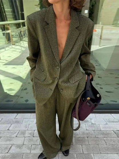 Lapel Blazer Long Sleeve Trousers Office Two Piece Set