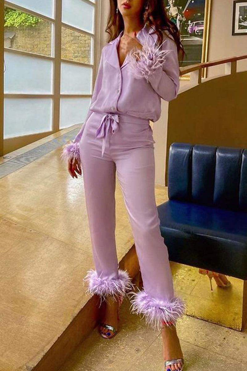 Lapel Feather Hem Two-piece Pants Set