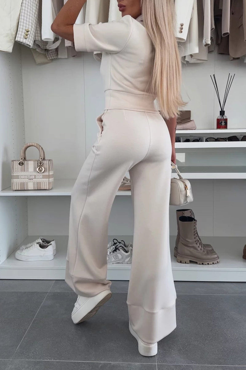 Lapel Half Sleeve Knit Tops Pants Set
