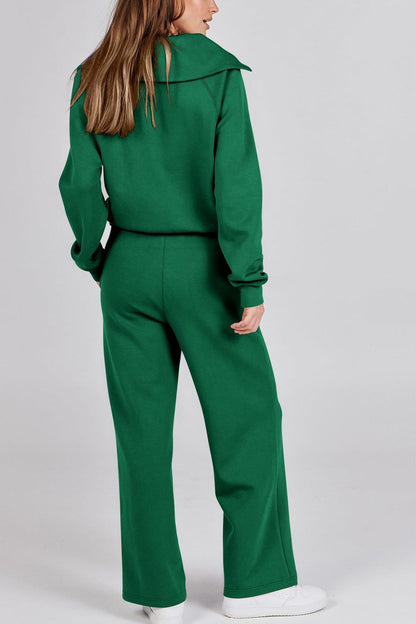 Lapel Zip-up Sweatshirt Wide Leg Long Pants Set