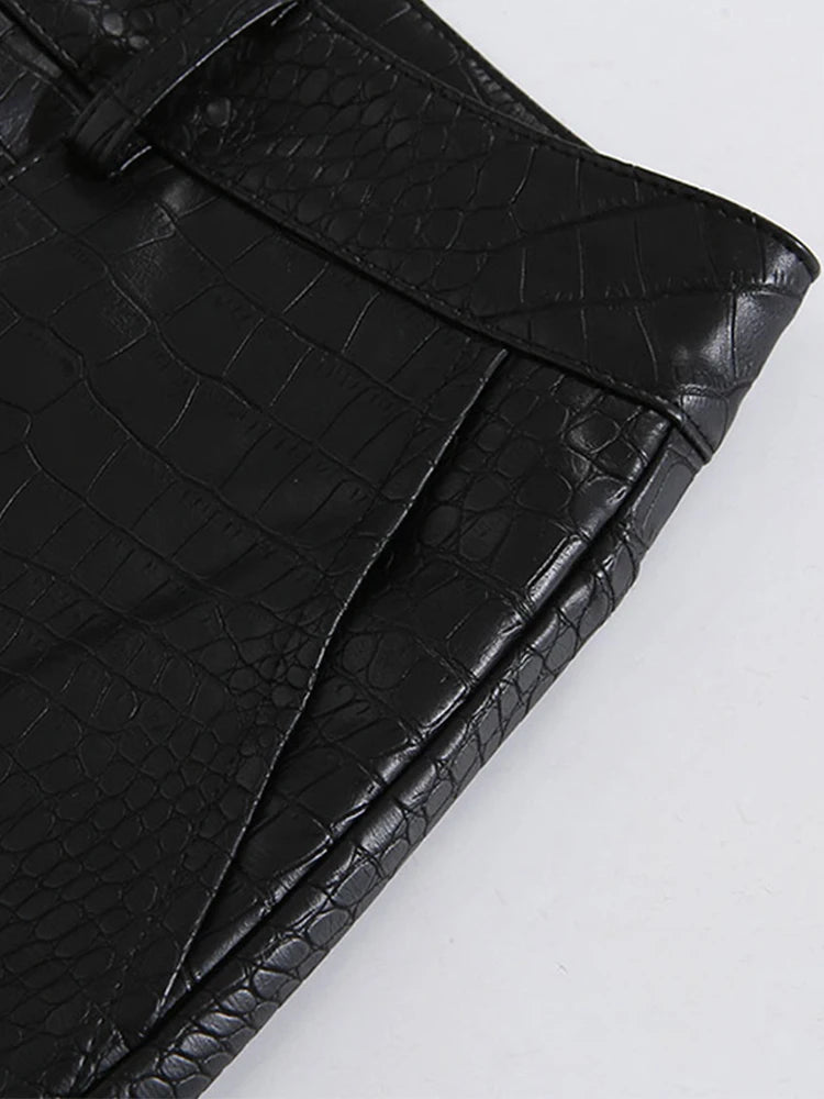 Autumn Black Crocodile Texture Leather Zipper High Waist Y2k Pants