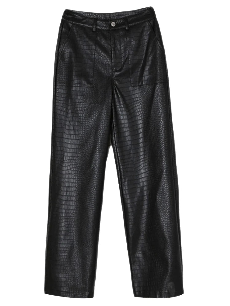 Autumn Black Crocodile Texture Leather Zipper High Waist Y2k Pants