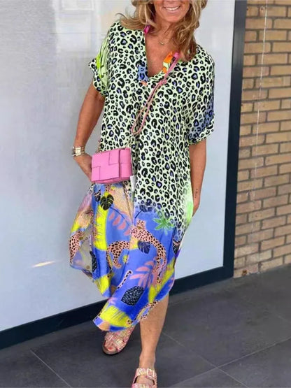 Leopard Print Patchwork Dresses V-neck Short Sleeves Pocket Loose Slit Midi Dress Lady Vestidos Summer New