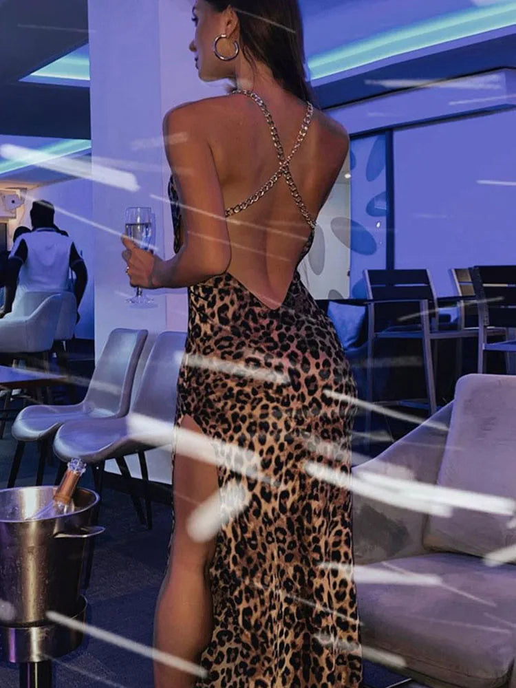 Leopard Chain Strap Side Slit Bodycon Festival Evening Midi Dresses