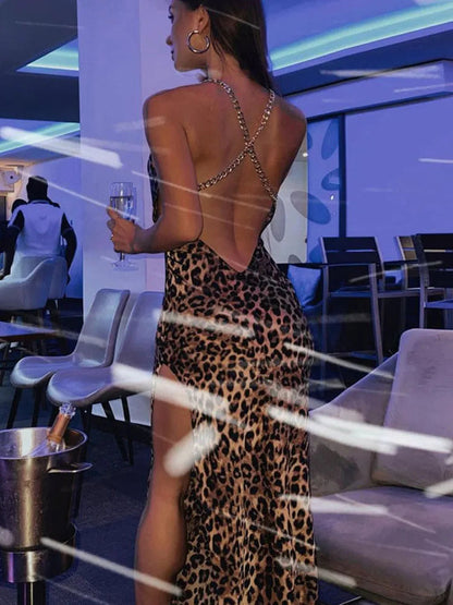 Leopard Chain Strap Side Slit Bodycon Festival Evening Midi Dresses