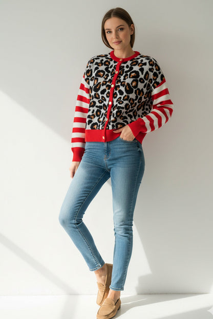 Leopard Striped Sleeve Patchwork Cardigan