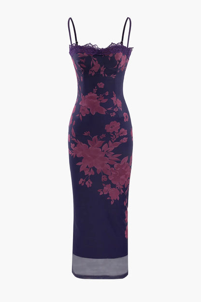 Lestie Purple Printed Lace Slit Maxi Dress