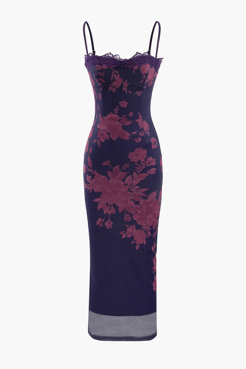 Lestie Purple Printed Lace Slit Maxi Dress