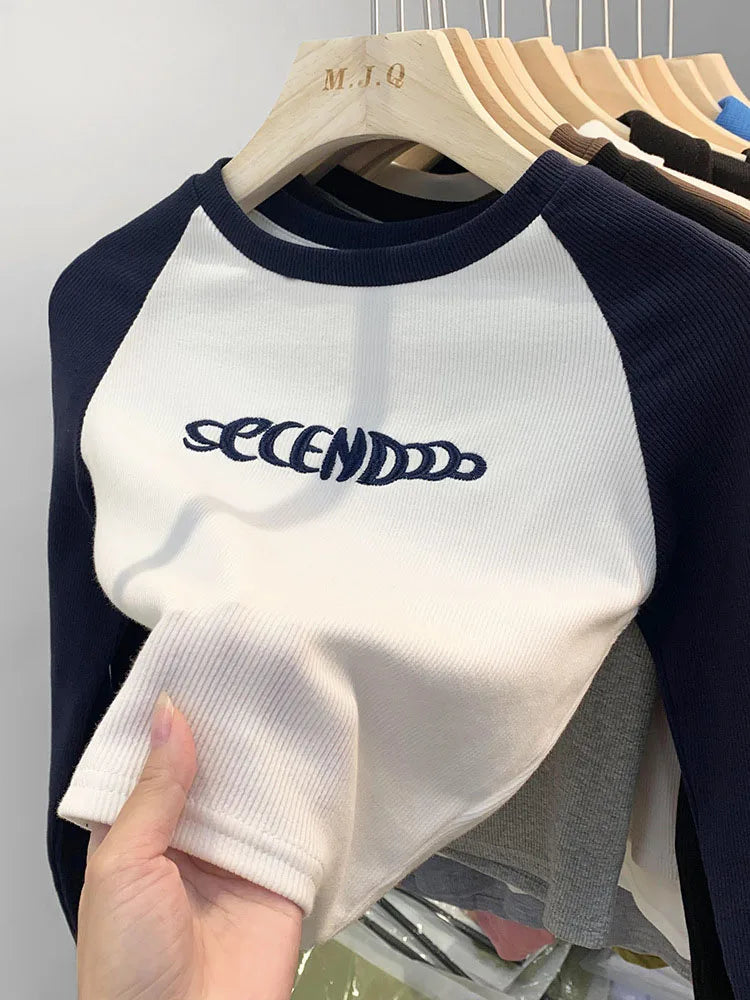 Letter Print T-shirt Spring Long Sleeve Patchwork Tops Retro Contrast Color Crop Top Hot Girl Kpop Skinny Y2k Tees