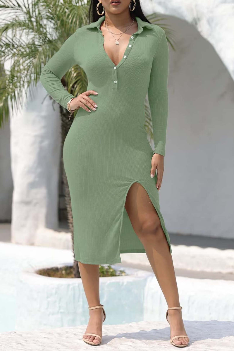Ribbed Back Tie High Split Midi Dress