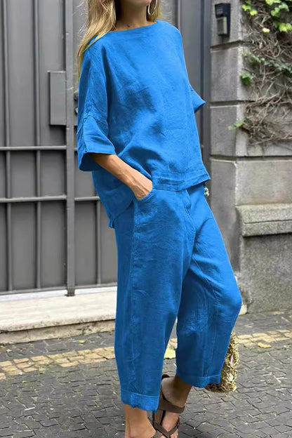 Linen Crew Neck T-shirt Two-piece Set