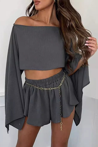 Linen Off Shoulder Crop Top Shorts Set