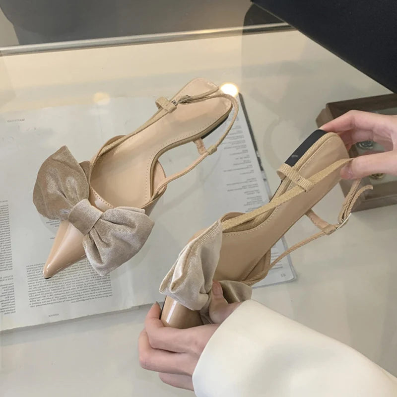 Design Big Butterfly Knot Flat Mules Sandals Cozy Patent Leather Pointed Toe Back Strap Shoes