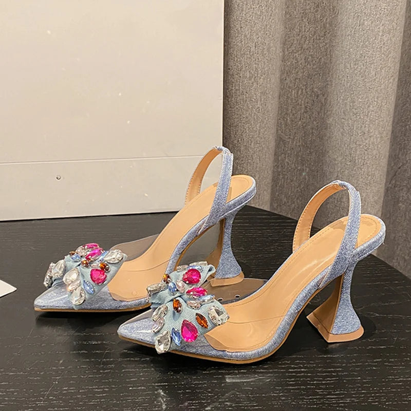 Design Gem Bowknot Pumps Pointed Toe Blue Denim High Heels Shoes Pvc Transparent Sandal