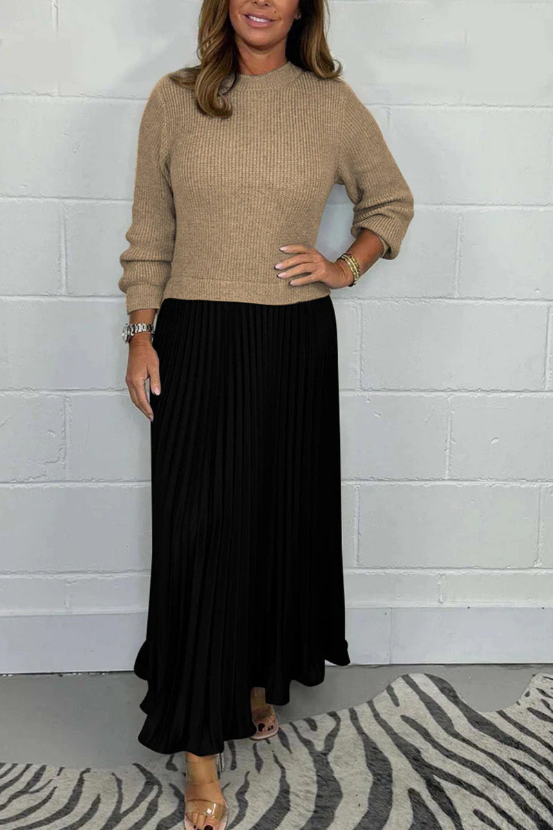 Long Sleeve Knit Patchwork Pleated Maxi Dress