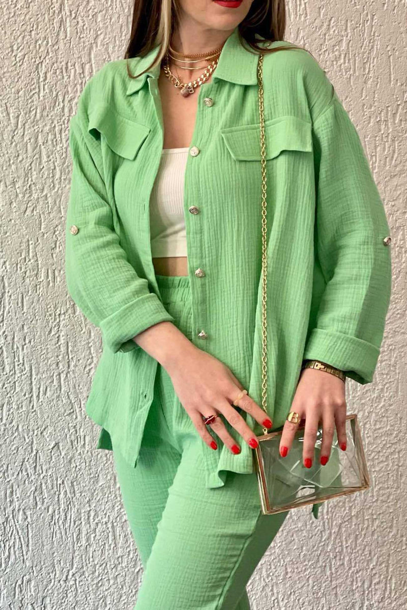 Long Sleeve Pocketed Slit Shirt Long Pants Suits