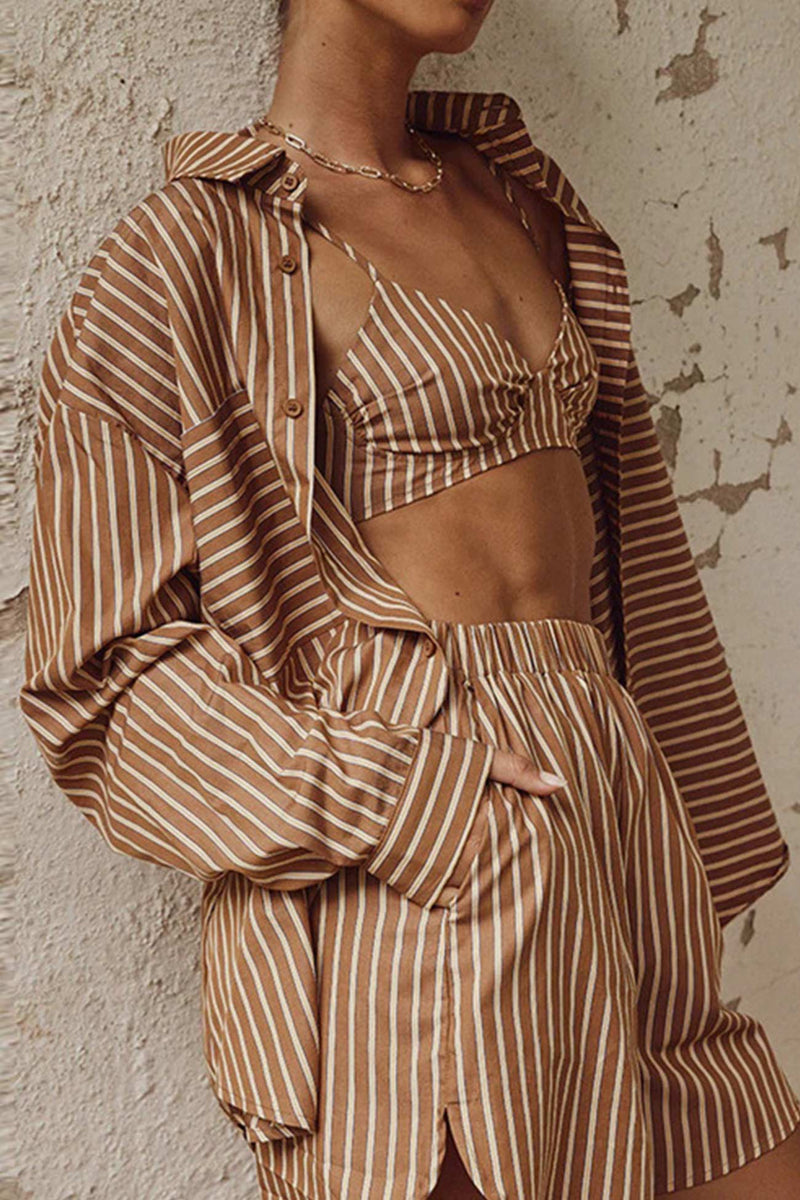 Long Sleeve Shirt Vest Three-piece Shorts Set
