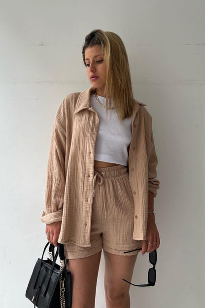 Long Sleeve Color Shirt Shorts Set