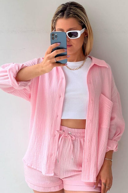Long Sleeve Color Shirt Shorts Set