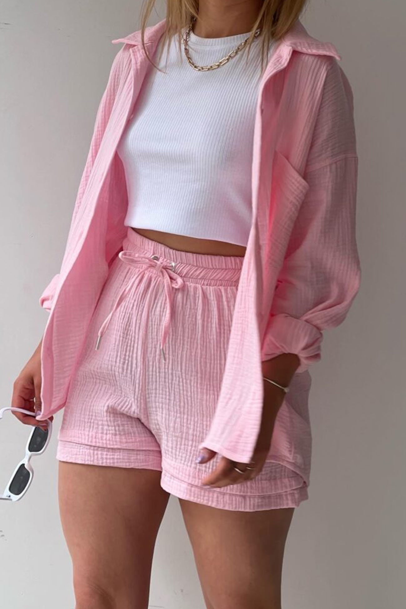 Long Sleeve Color Shirt Shorts Set