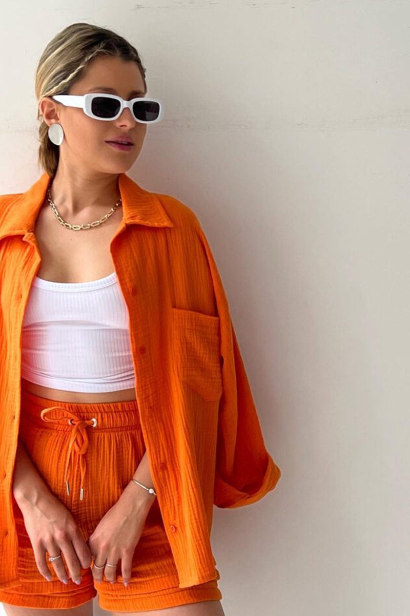 Long Sleeve Color Shirt Shorts Set