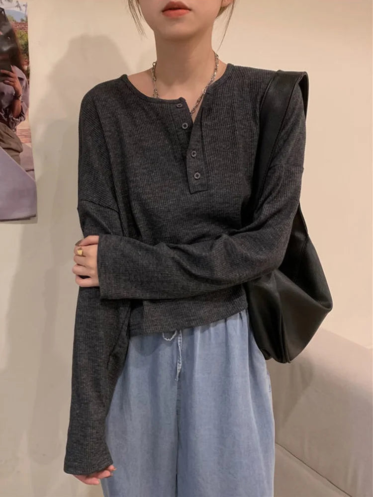 Long Sleeve T-shirts Simple Pure Button Design Retro Ins Autumn Tees Top All-match Bf Style Mujer Clothes
