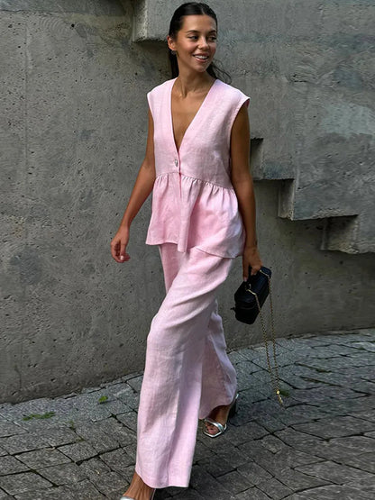 Pink Cotton Linen Loose Wide Office Two Piece Set