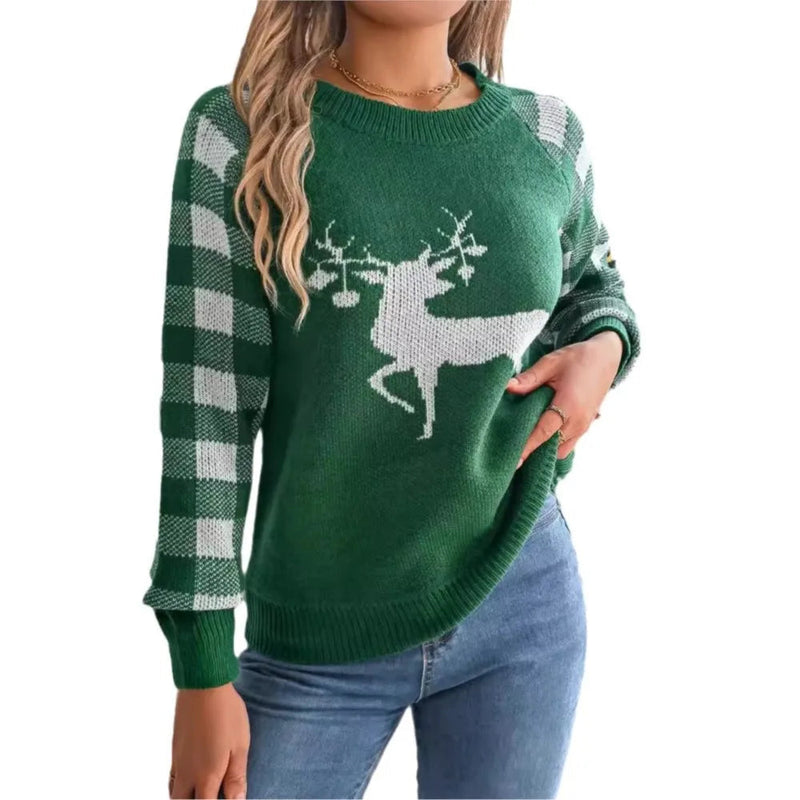 Knitted Plaid Christmas Sweater With Round Neck and Long Sleeves for Autumn/winter