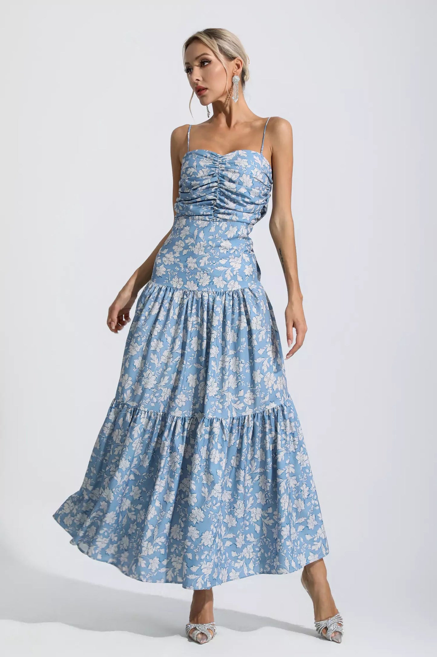Lyra Blue Ruched Slip Maxi Dress