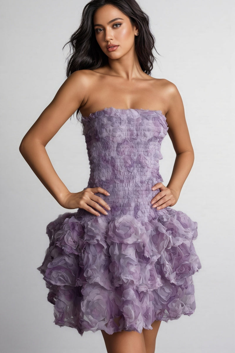 Gaiusl Purple Printed Strapless Mini Dress