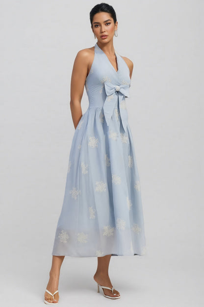 Eliza Halter Striped Embroidery Maxi Dress