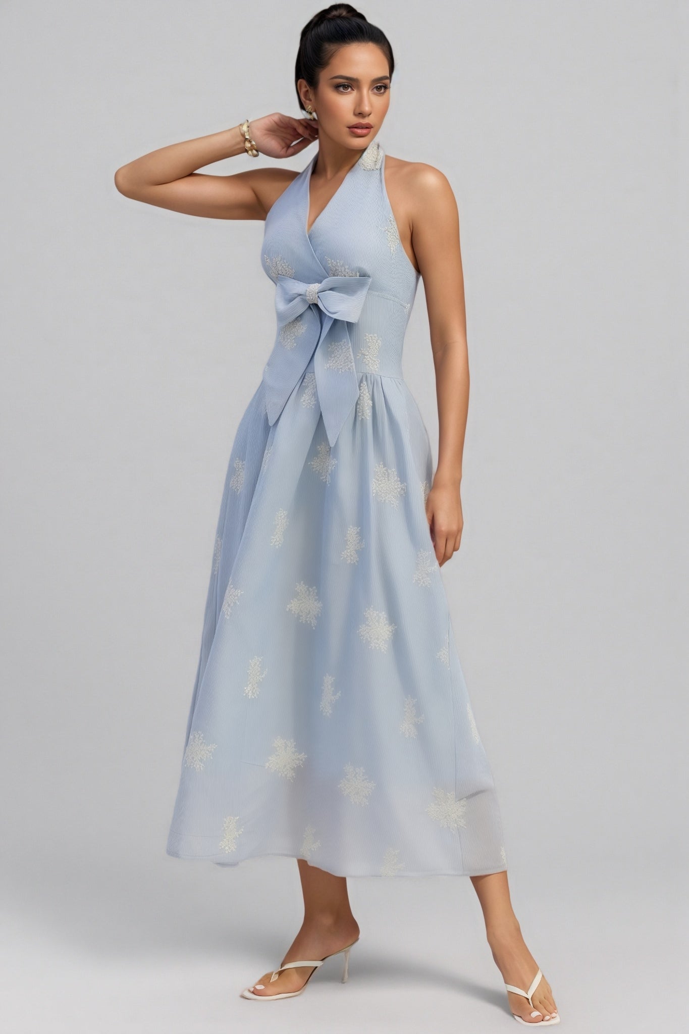 Eliza Halter Striped Embroidery Maxi Dress