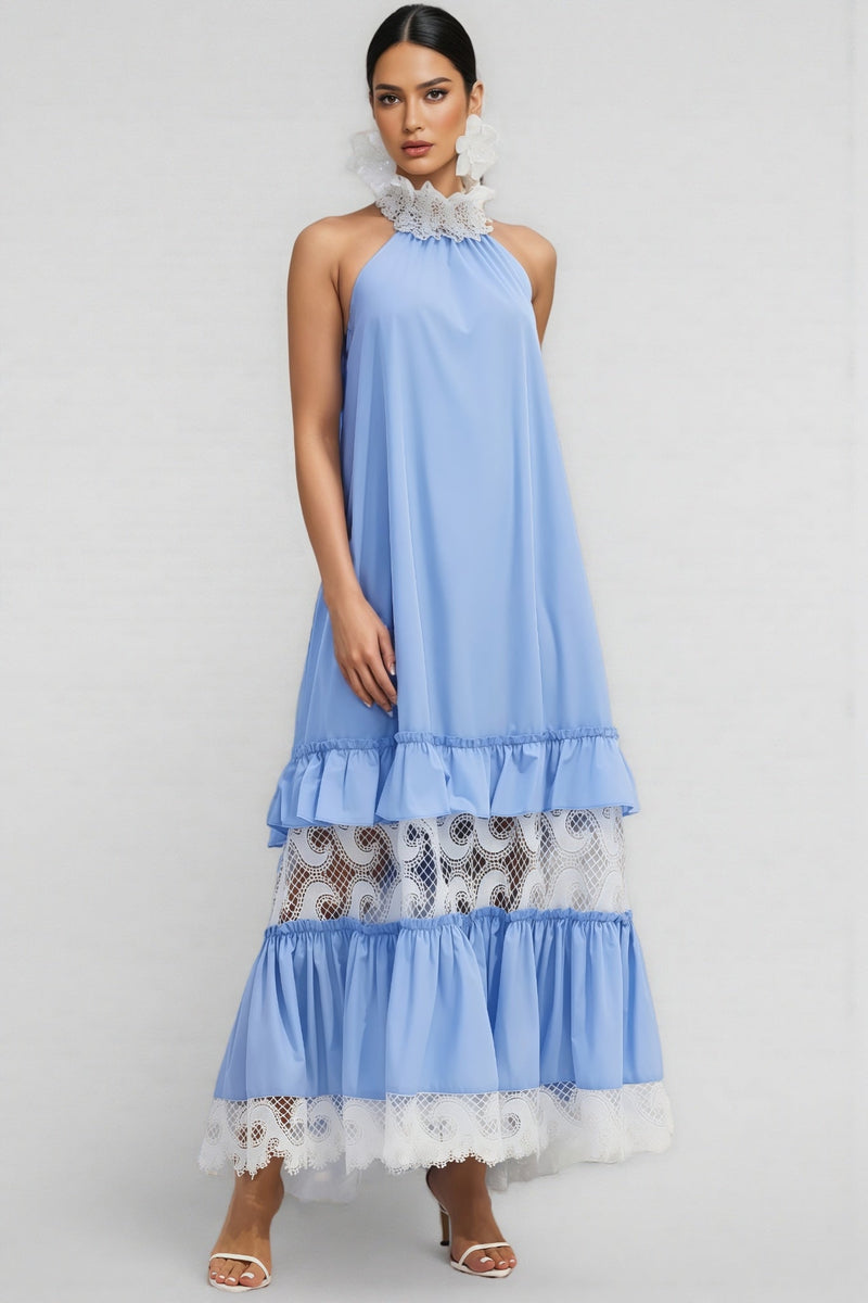 Sablert Blue Embroidered Mesh Maxi Dress
