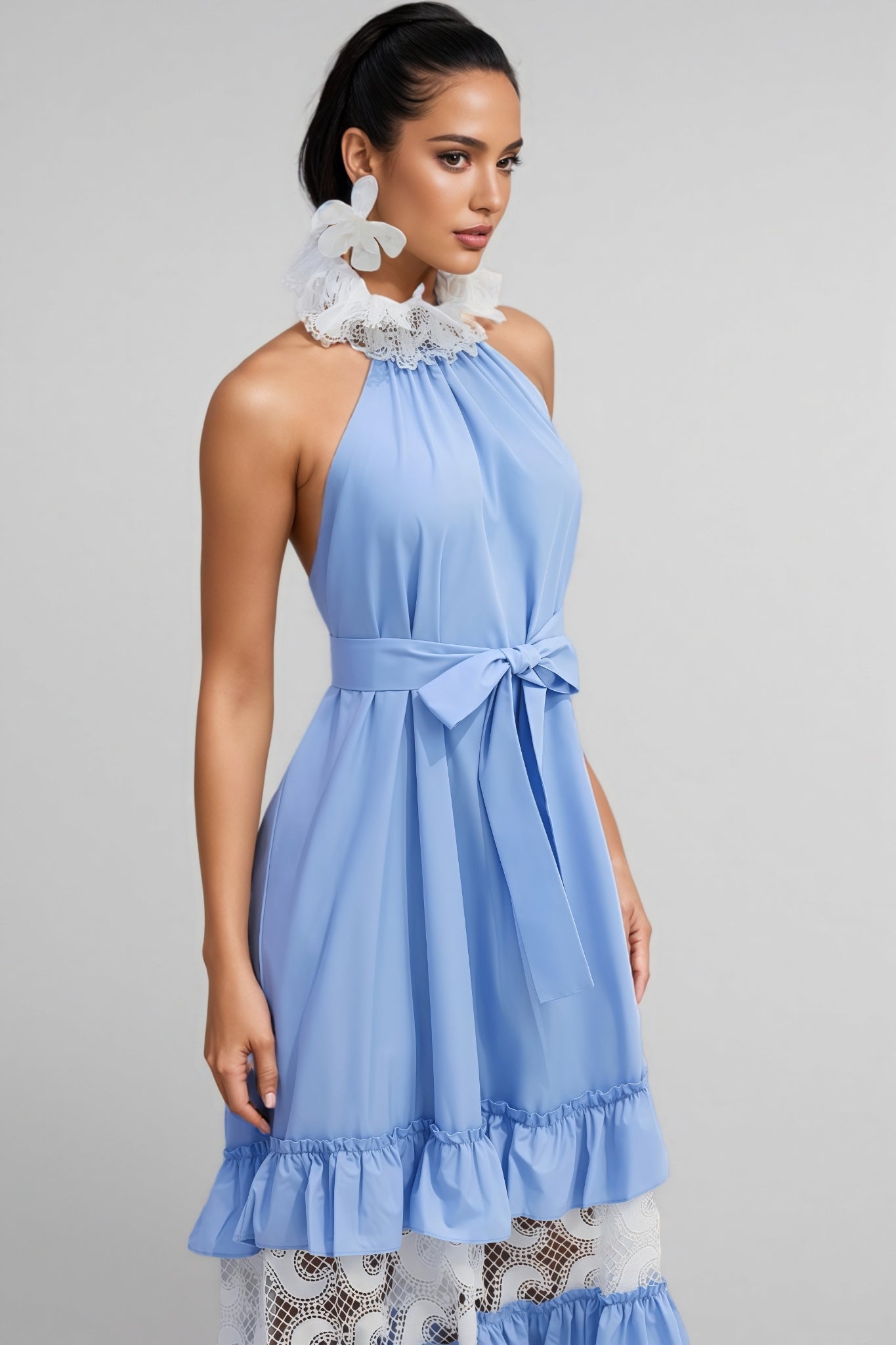 Sablert Blue Embroidered Mesh Maxi Dress