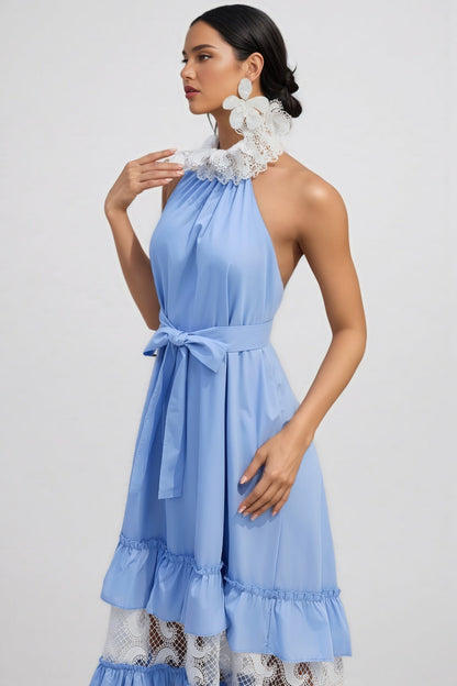 Sablert Blue Embroidered Mesh Maxi Dress