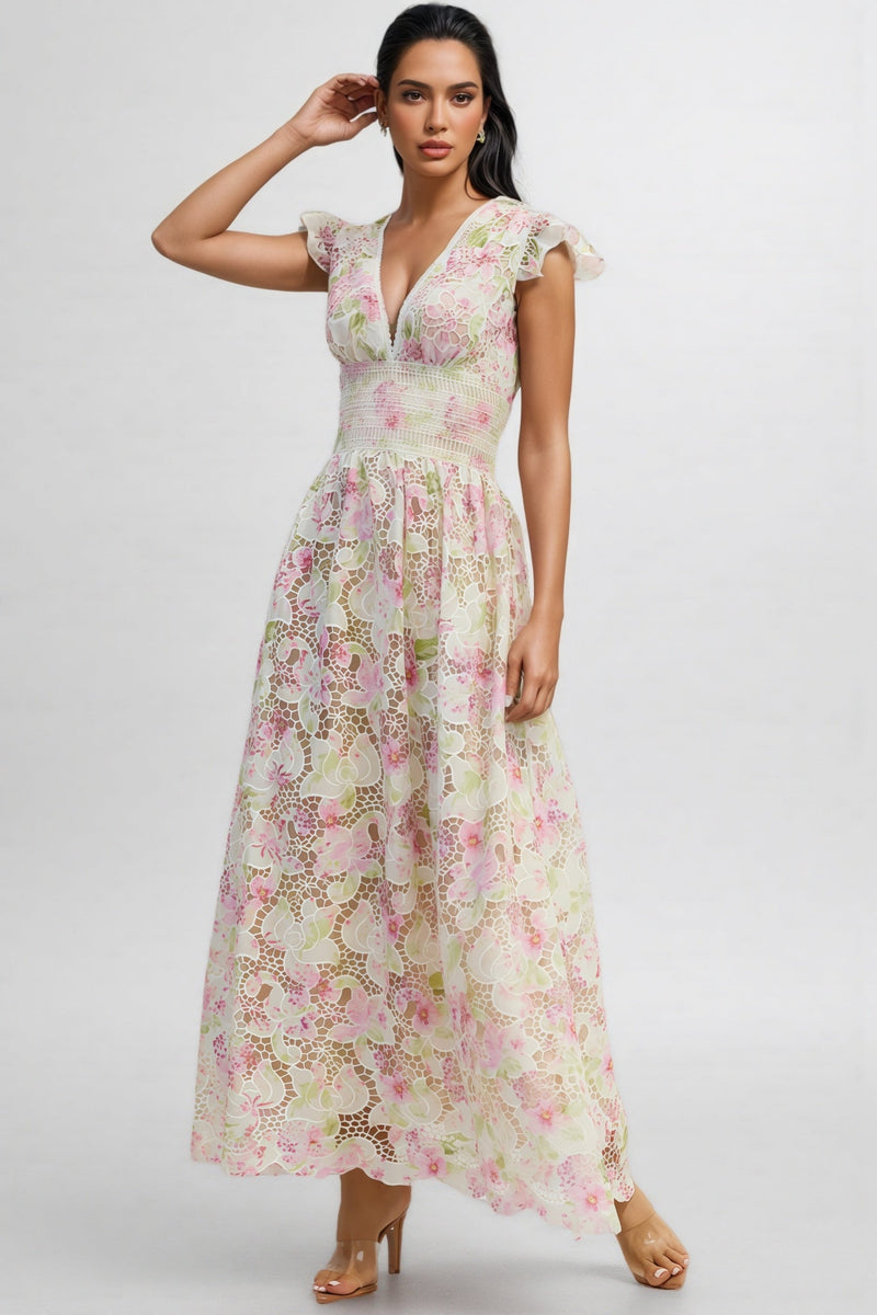 Jorjal V Neck Embroidered Hollow Out Maxi Dress