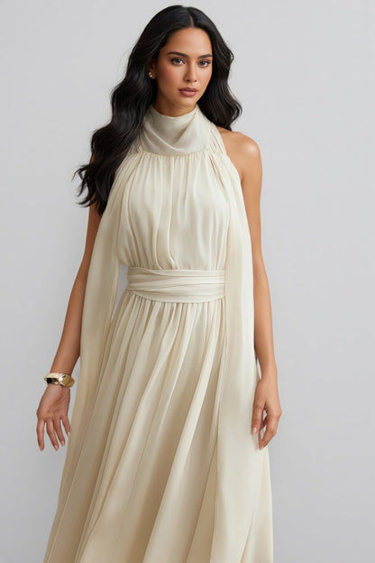 Zurilk Apricot Chiffon Backless Maxi Dress