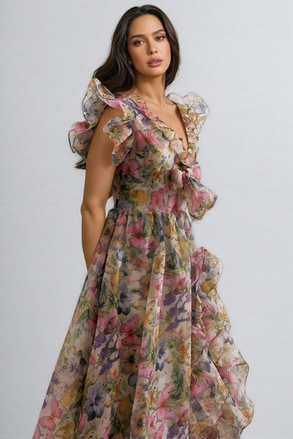 Bella Butterfly Print Ruffle Chiffon Maxi Dress