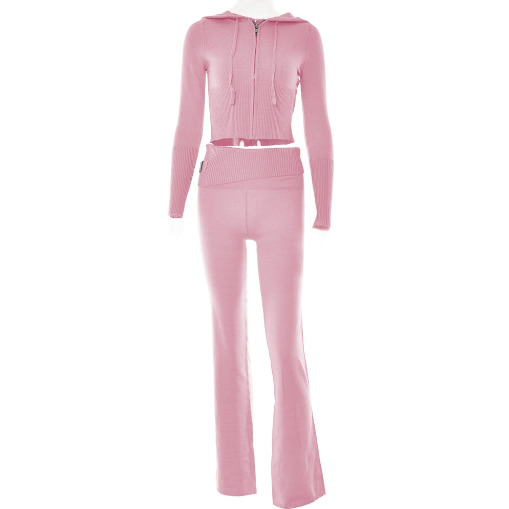 Retro Knitted Two Piece Set With Zip and Hood