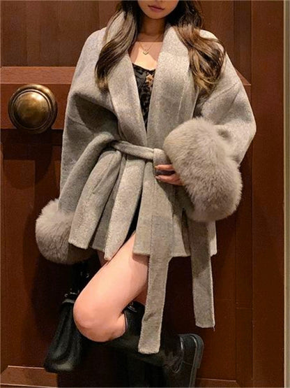 Classic Color Faux Fur Coat With Belt
