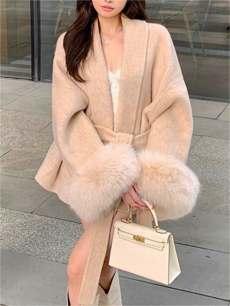 Classic Color Faux Fur Coat With Belt