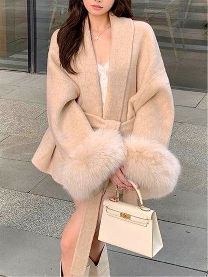Classic Color Faux Fur Coat With Belt